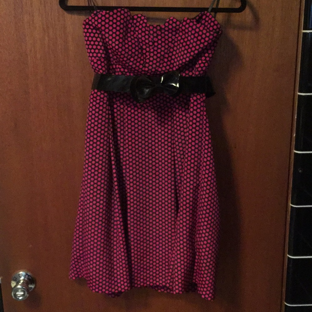 Black & Pink Polka Dot Strapless Dress
